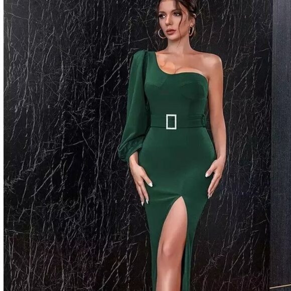 Green Long Sleeve Women Dress Sexy One Shoulder Midi with high split - Picture 4 of 7